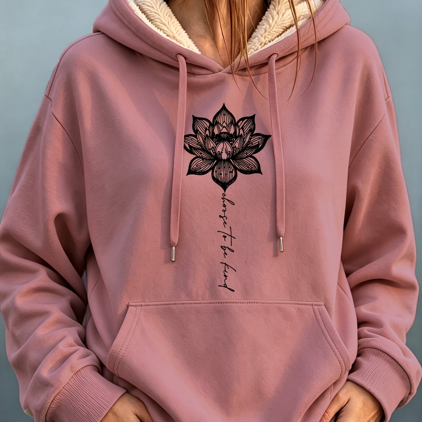 TEMU New Chinese Style For Lotus Print Sweatshirt, Winter Plush Fleece Drop Shoulder Loose Fit Hooded Casual Top