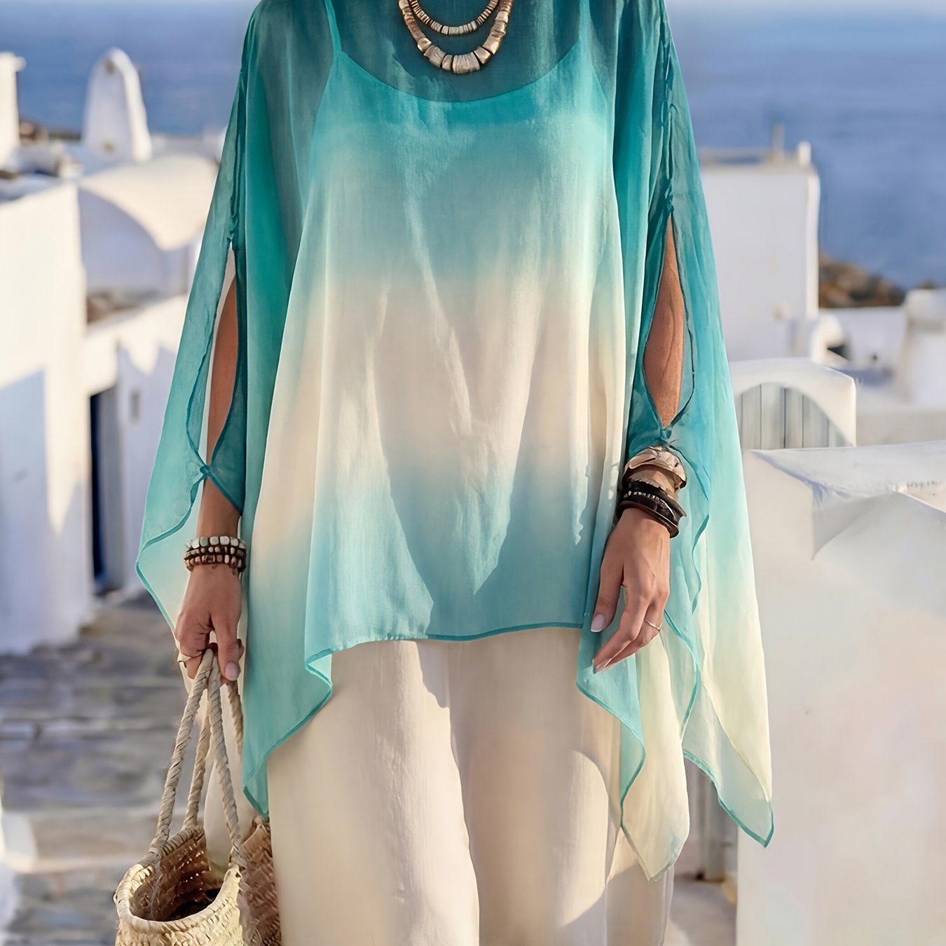 Plus Size - Women's Bohemian Ombre Off-shoulder Cape Top, Loose Breathable Asymmetrical Hem Outerwear, Casual Beach , Plus Size