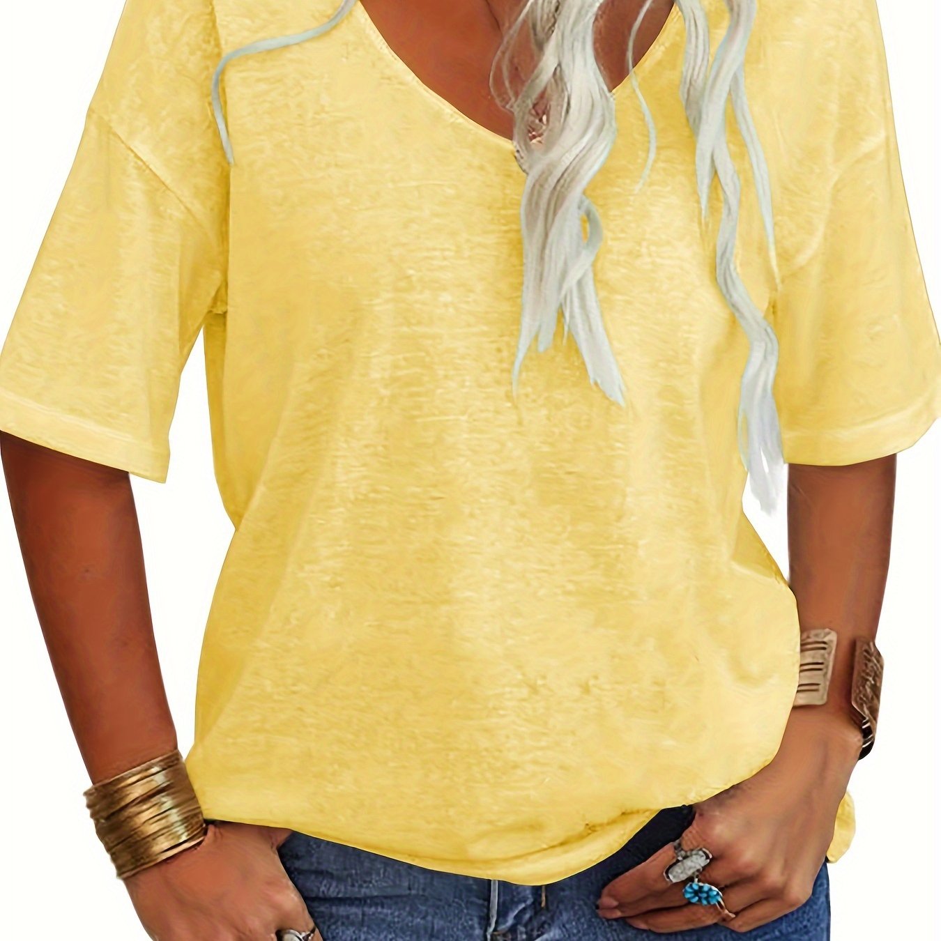 Casual Loose-fitting Basic Tops For Women Featuring A V-neck And Half Sleeves