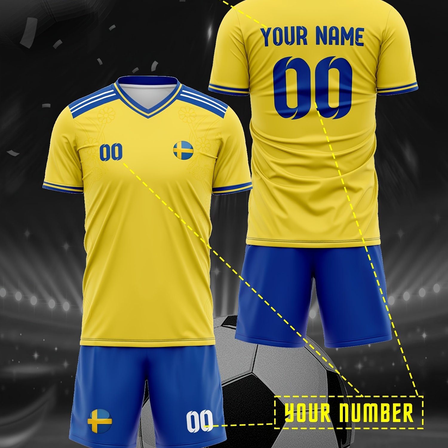 TEMU Sweden Spring/summer Personalized Custom Pattern Name And Number Unisex Soccer Jersey | Breathable Quick-dry Fashion Sports T-shirt And Shorts
