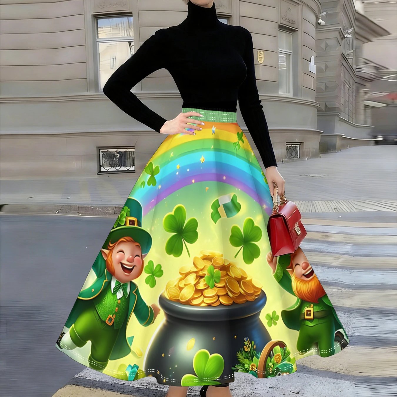 TEMU 's Day Leprechaun Skirt - High-waist A-line Midi/maxi Skirt With Gradient & Suitable For Commuting, Holiday Events, Themed Parties, Machine