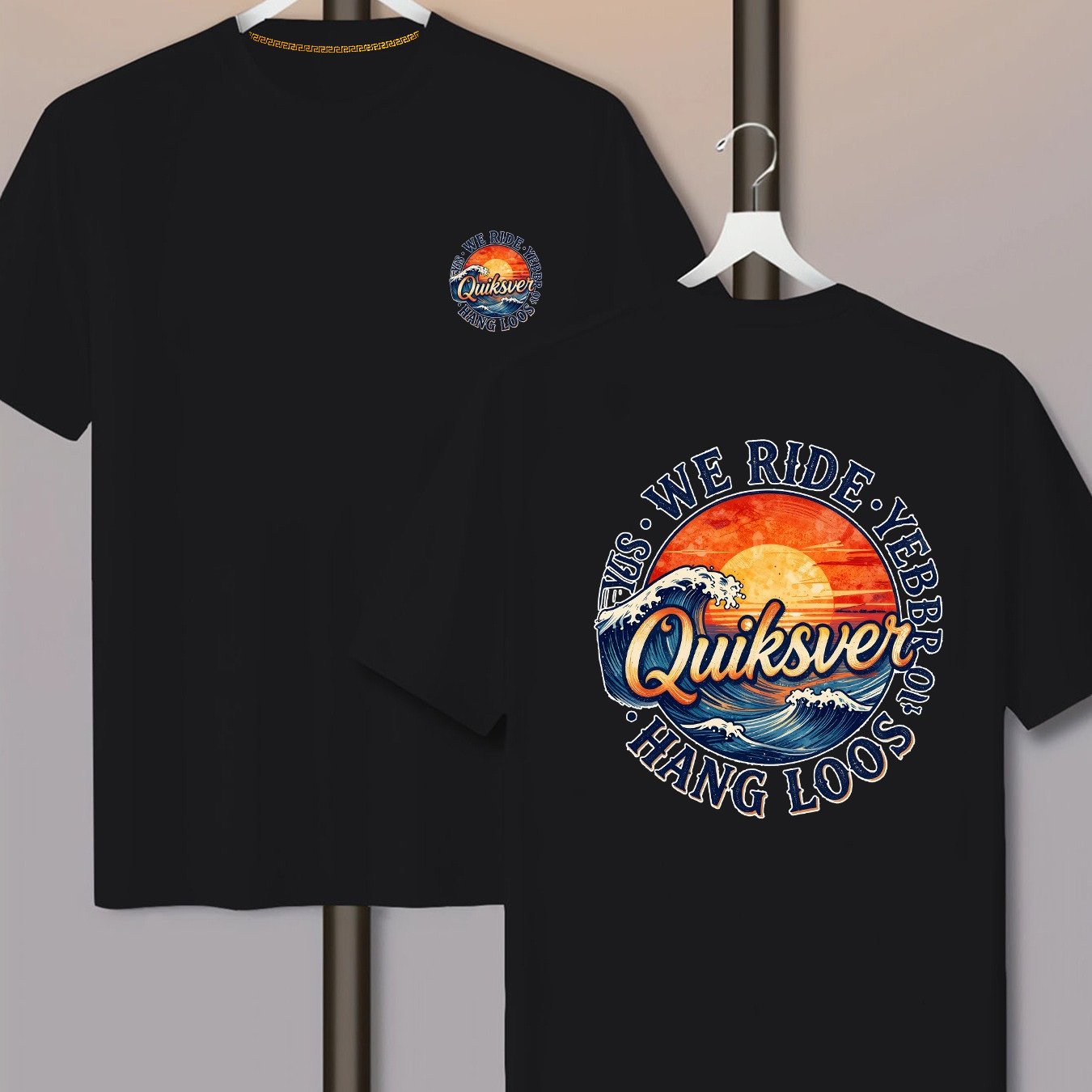 TEMU Summer And Autumn Breathable Men's T-shirt, Suitable For Outdoor Athletic Wear, Sunset And Wave Pattern On The Back, Small Logo Design On The