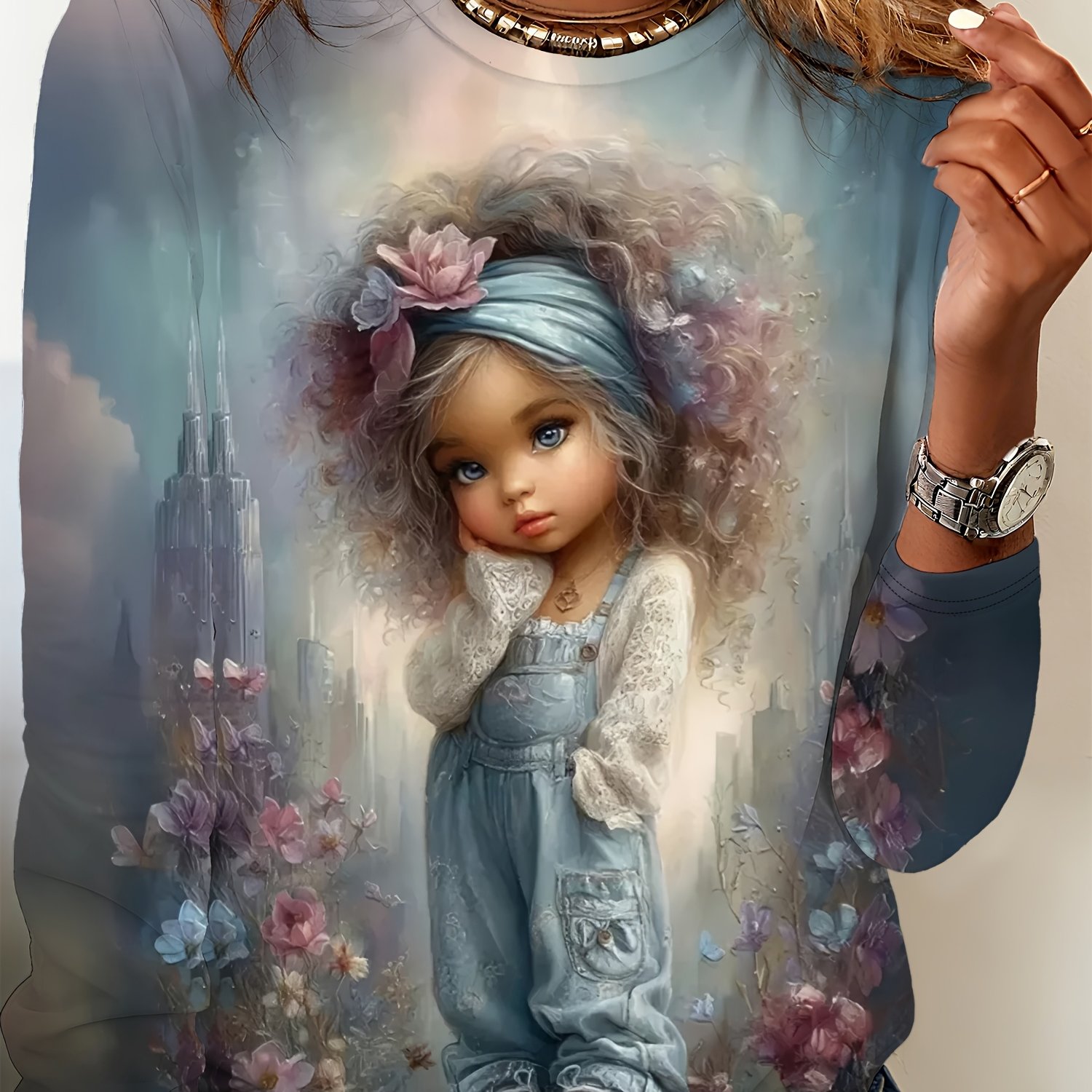 TEMU T-shirt imprimé de rêve pour femmes, fusion de florales et urbaines, couleurs douces, style rêveur - 1pc T-shirt à manches longues et col rond,