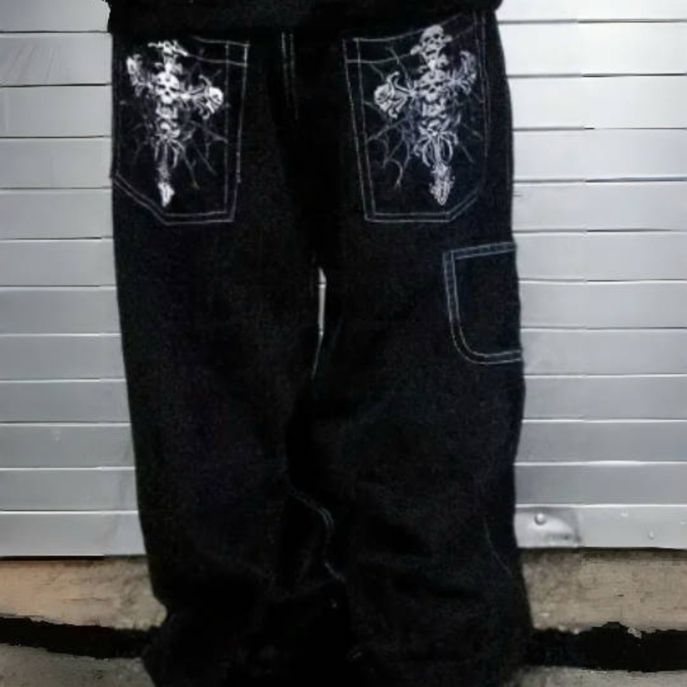 Men's Four-season Trendy Style Stretch Loose-fit Hip-hop Denim Skateboard Pants With Back , Black