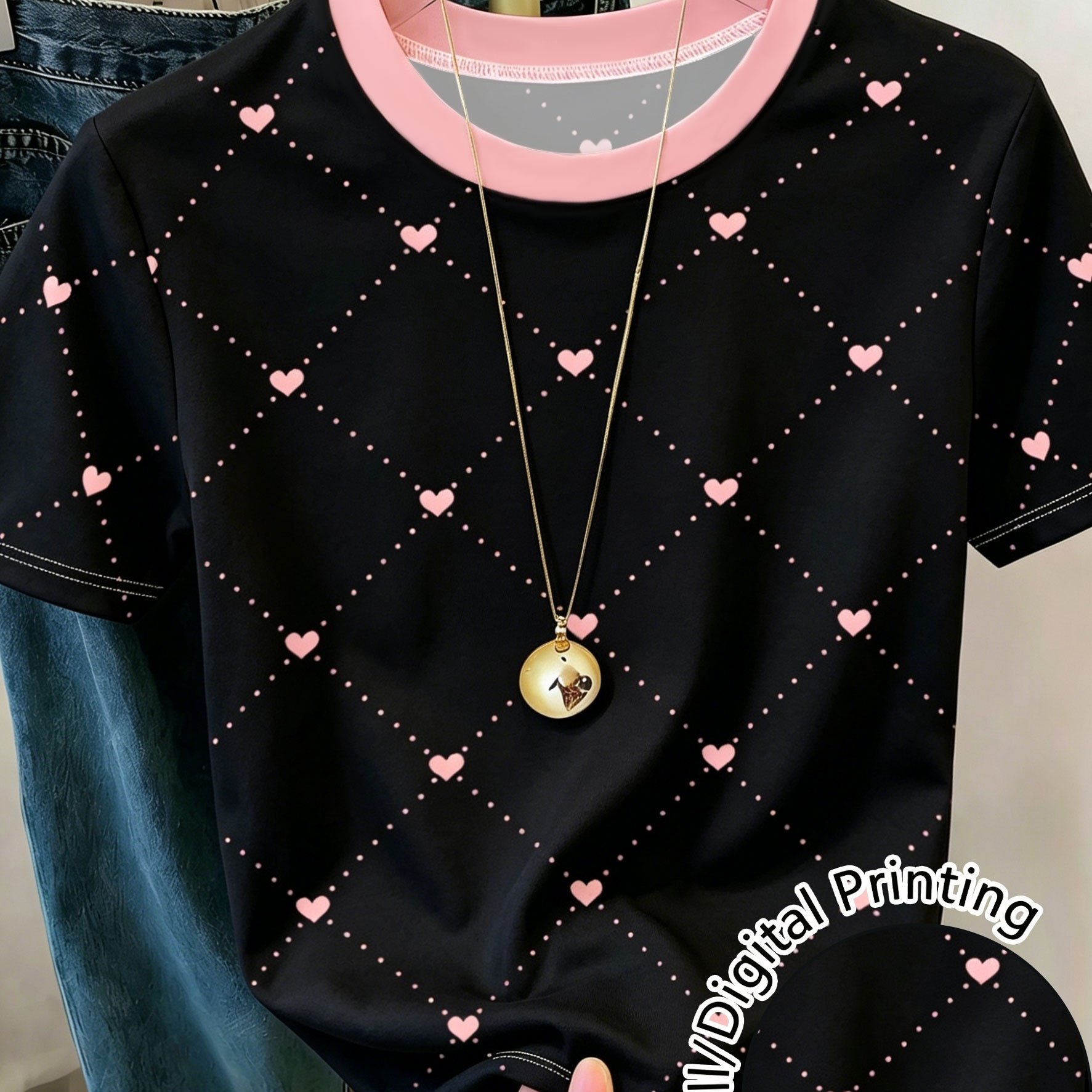 TEMU Black Powder Contrast Diamond Heart Women's Printed Round Neck Short Sleeve T-shirt Sweet Cool Gentle Versatile Casual