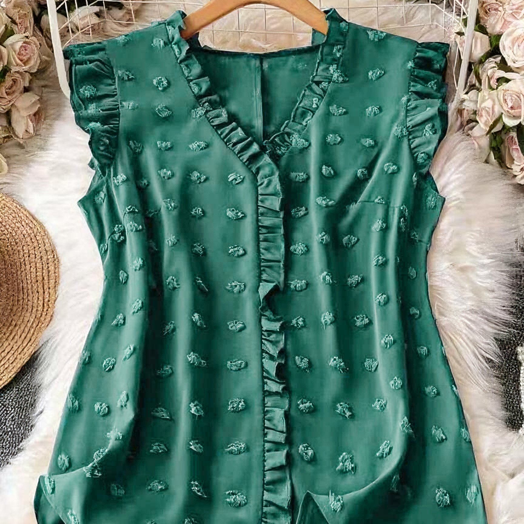 TEMU Plus Size, Plus Size Women' Color Dot Ruffle Hem Sleeveless Shirt For Vacation Casual Wear