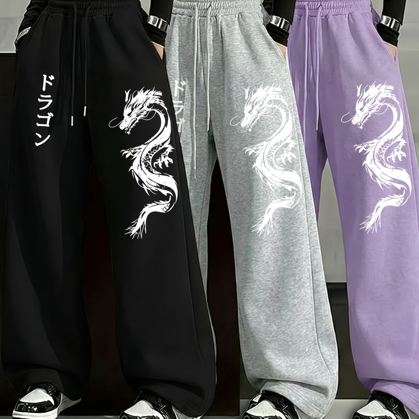 TEMU Japanese- Dragon Patterned Print, Three-piece Set Of Pants, Casual Straight-leg Trousers, Women's Loose Wide-leg Long Pants With Elastic Waist
