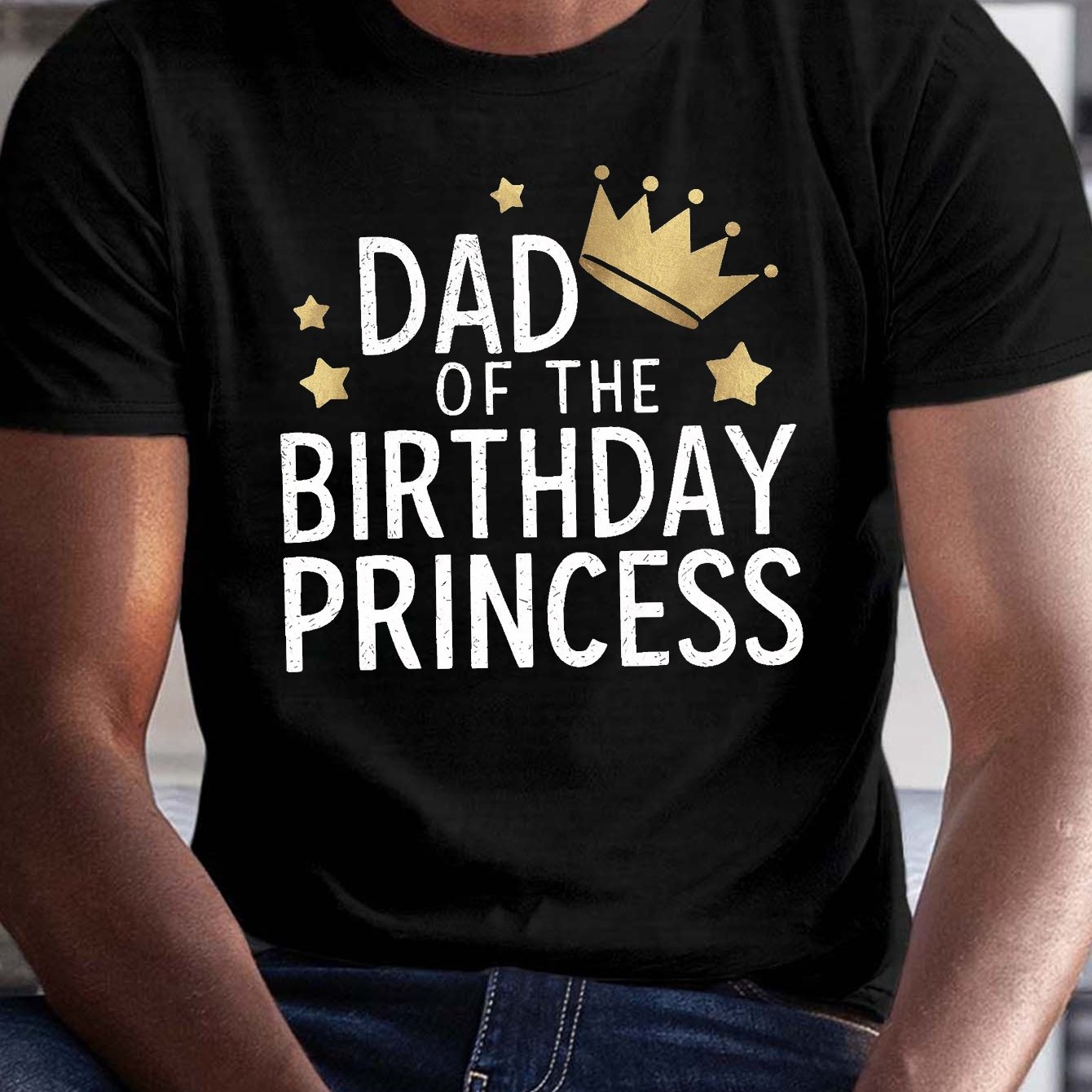 TEMU Dad Of The Birthday Princess" Men's T-shirt - Casual Short Sleeve, Breathable Polyester, Summer Tee With Geometric Print