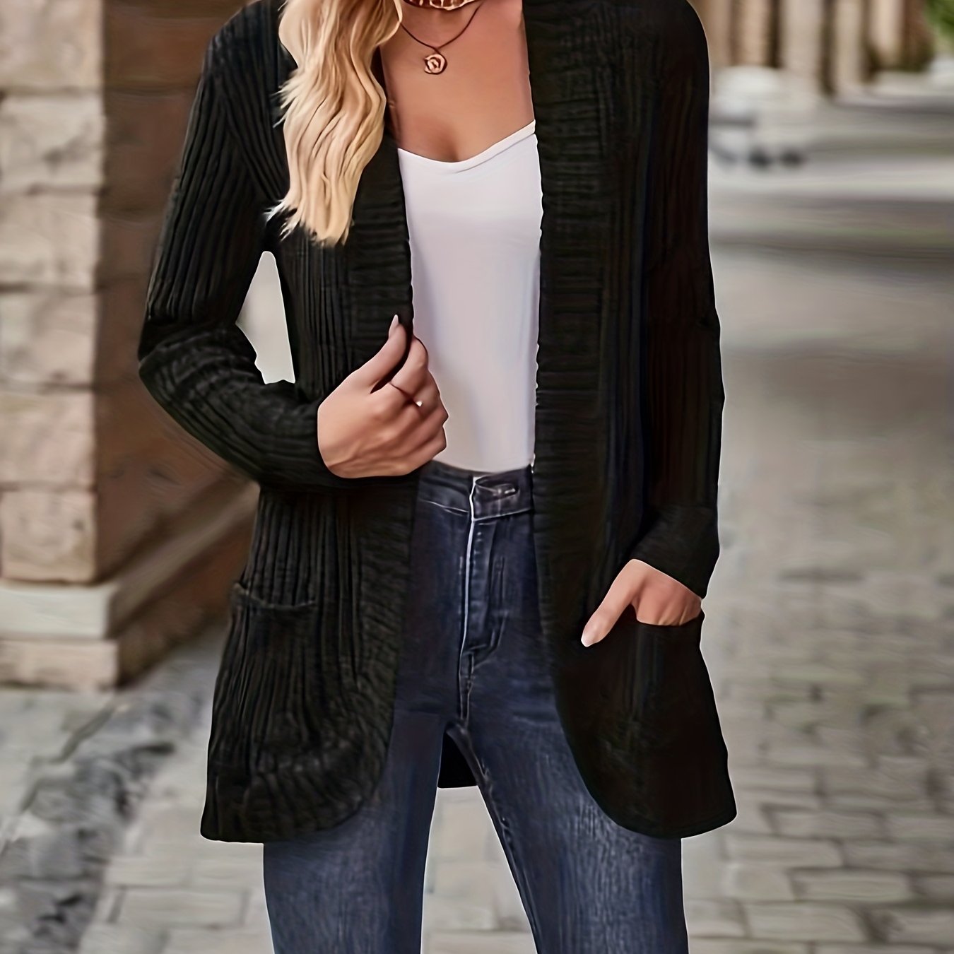 TEMU Plus Size, Women's Plus Size Elegant Long Sleeve Cardigan, Open Front Casual Fashion With Pockets, Medium Stretch Versatile Style, Machine