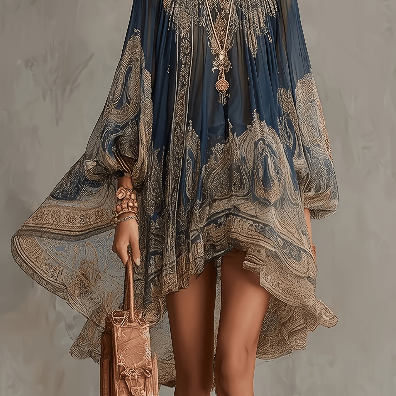 TEMU Plus Size - Elegant Printed Long Sleeve Loose Mini Dress
