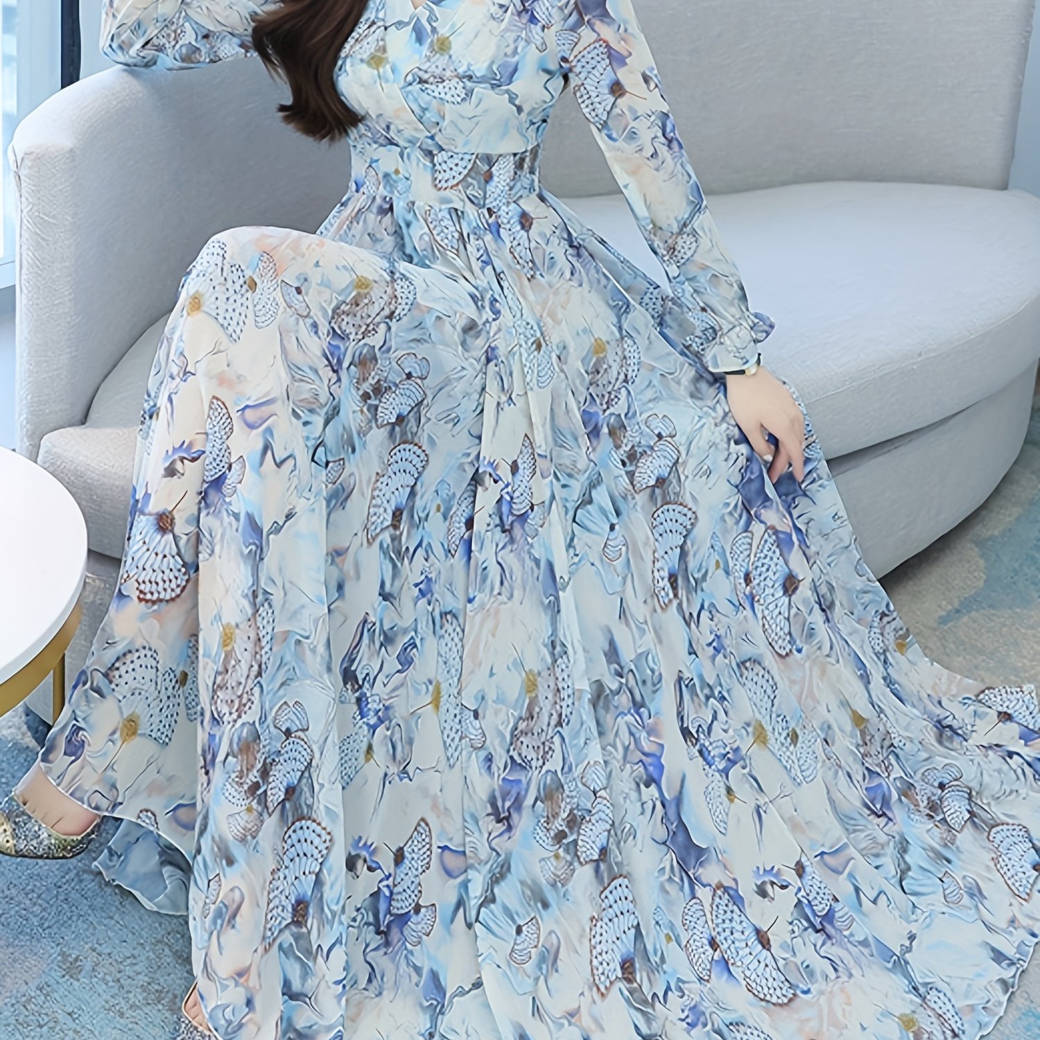 TEMU Long Sleeved Floral Chiffon Dress For Women, Autumn Ankle Length, Beach Skirt, Knee Length Skirt