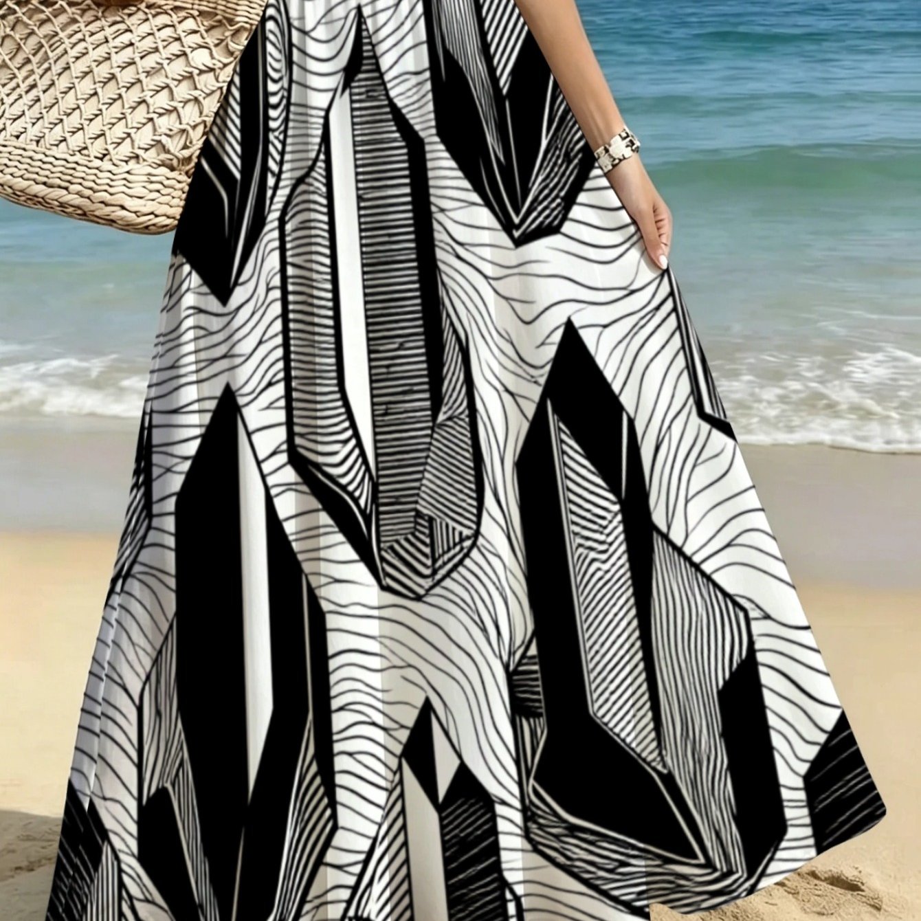 TEMU Lianyaoshi [printed Design Not Textured] Women's Black And White Geometric Print Maxi Skirt, Lightweight For Beach, Vacation, Or Casual Outdoor
