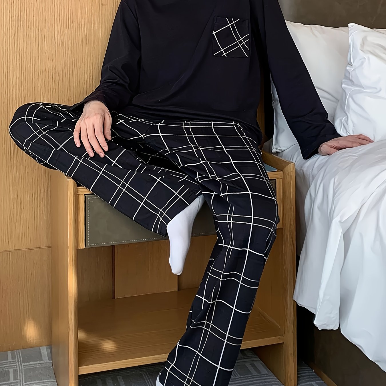 TEMU 2pcs Set, Men's Pocket Black Long Sleeve Shirt And Long Pants Loungewear Outfit