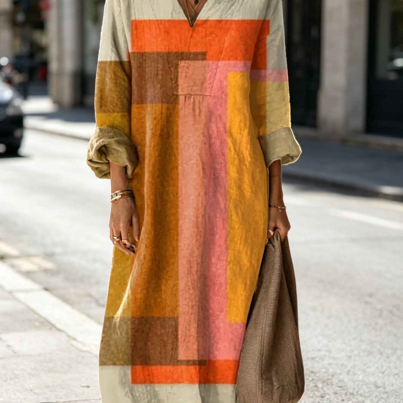 TEMU Plus Size, Women's Midi V Neck Long Sleeve Loose Fit Kaftan Dress Vintage Basic Straight Friendly Lightweight A Line Daily Casual Boho Style