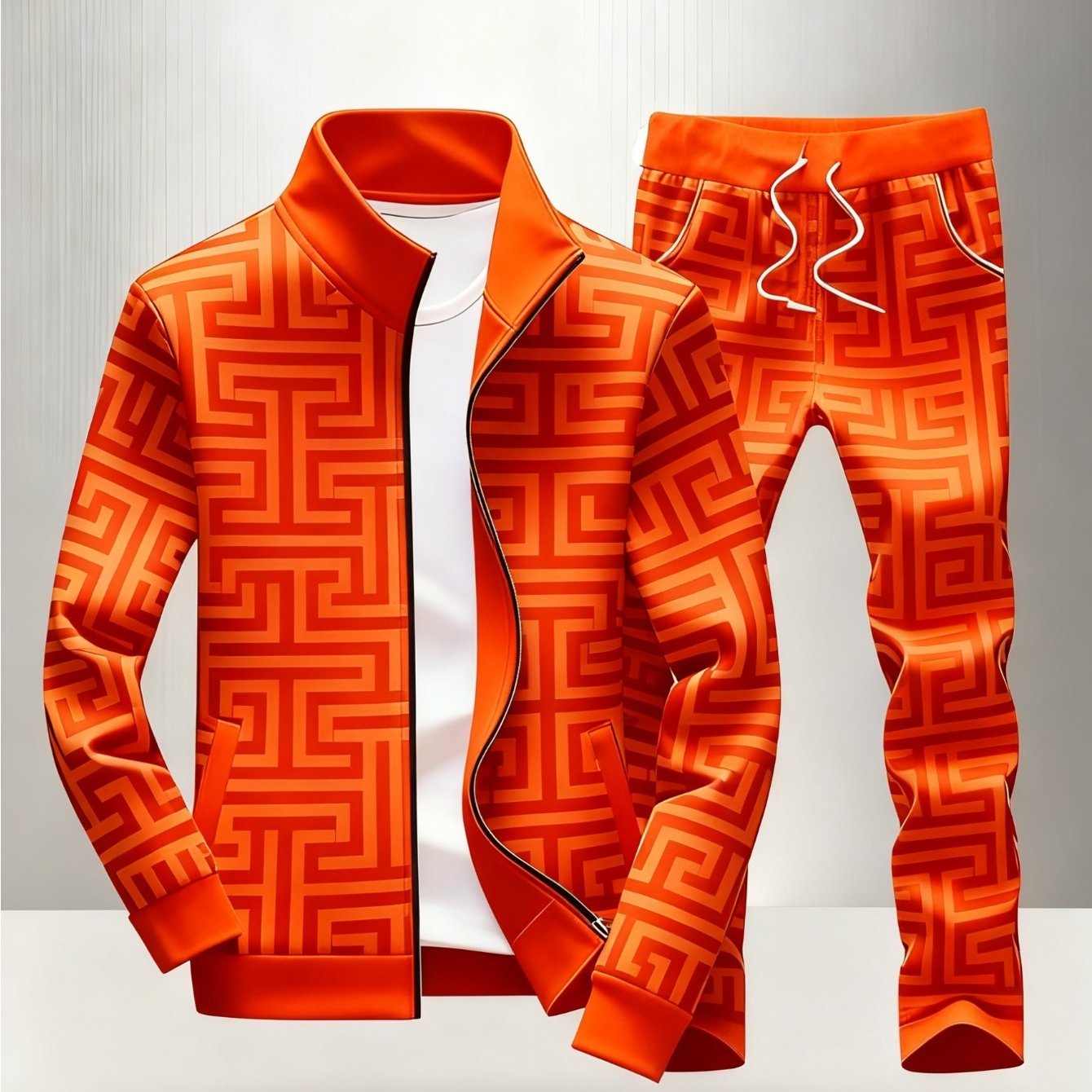 Image of Youth Casual Suit, Featuring An Vintage Pattern Print, Includes A Collar Zip-up Jacket And Matching Patterned Pants, Casual Wear With A Retro Style., Perfect For Outdoor, For Teenager