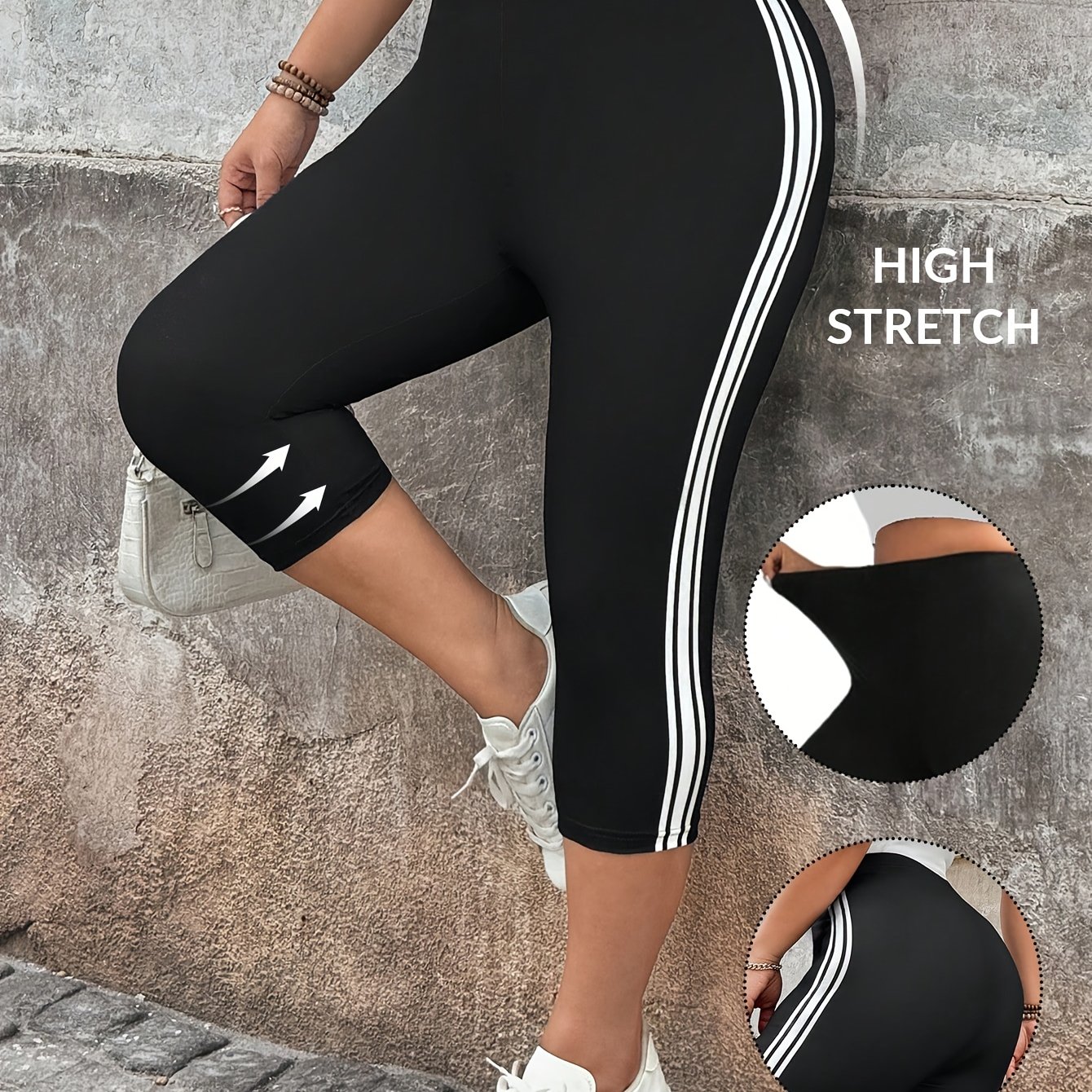 E-shop Plus Size, Damen High-Waist Leggings mit Bauchkontrolle in Voller Länge - 7/8 Länge Hosen mit Seitenstreifen Bund, Ganzjahres-Stretch & Casual