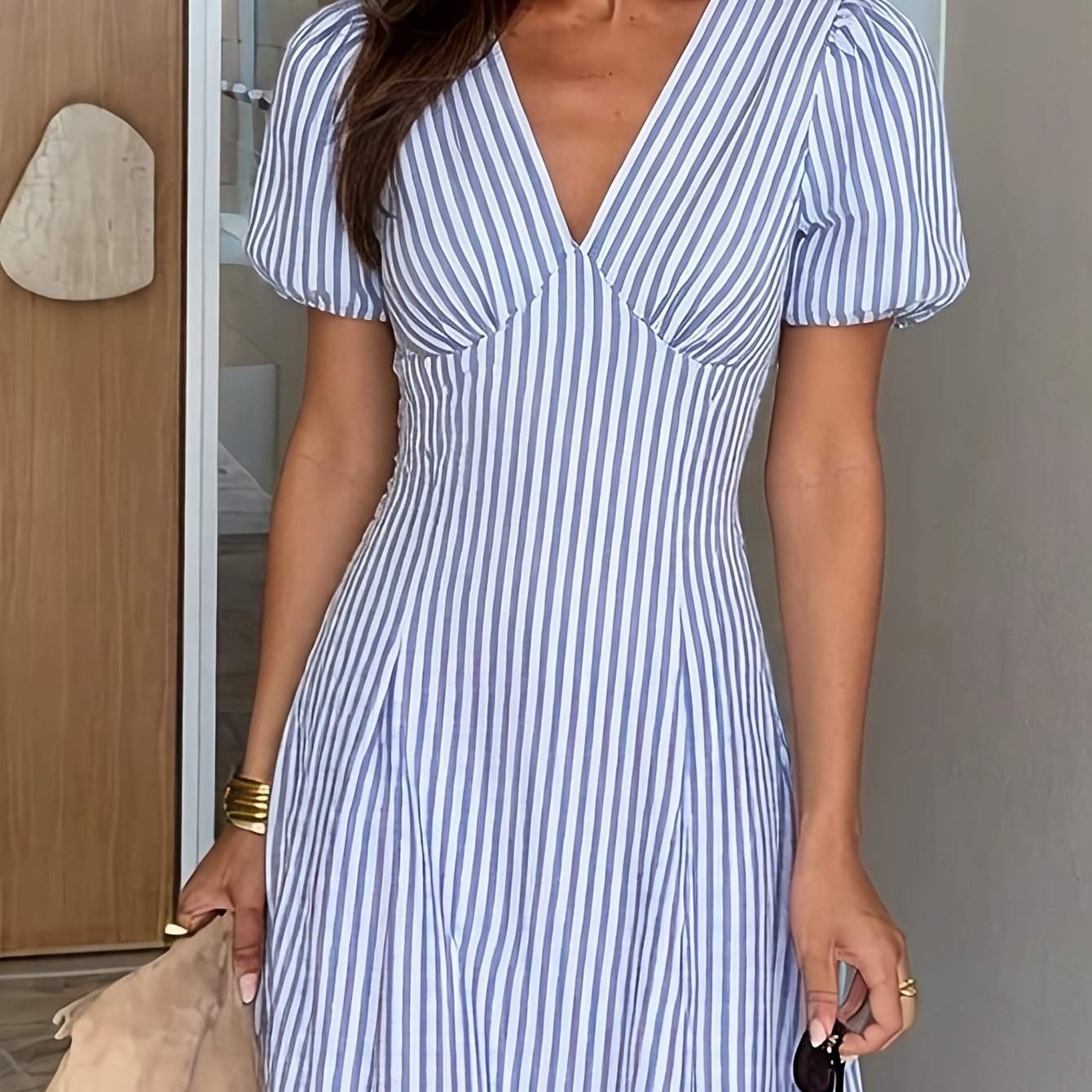 TEMU Women's Striped Petal Sleeve Midi Dress, Blue Striped V-neck Sleeveless Long Casual Vacation Dress