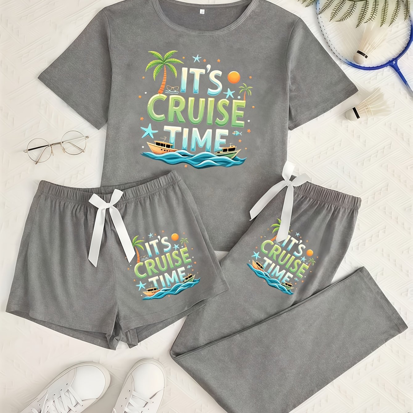 Women's 3pcs Set, Women's "" Printed Pajama Set, Loose And Stylish Dark Gray Pajama Set, Long Pants+ Shorts+ Short-sleeve Set, New Product Launch, Suitable For , Decorated With White Bows, Machine Wa