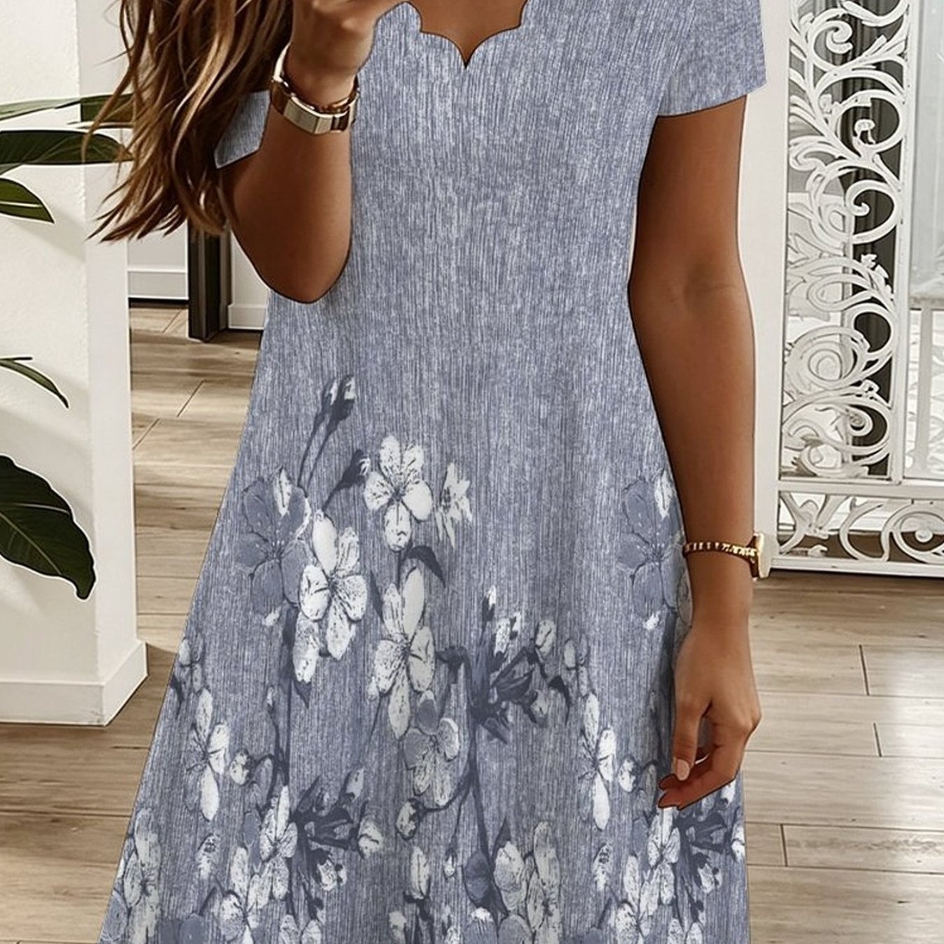 Plus Size - Summer -neck Short Sleeve Dress, All Over Geometric , Elegant Women Dress For Vacation Casual Party