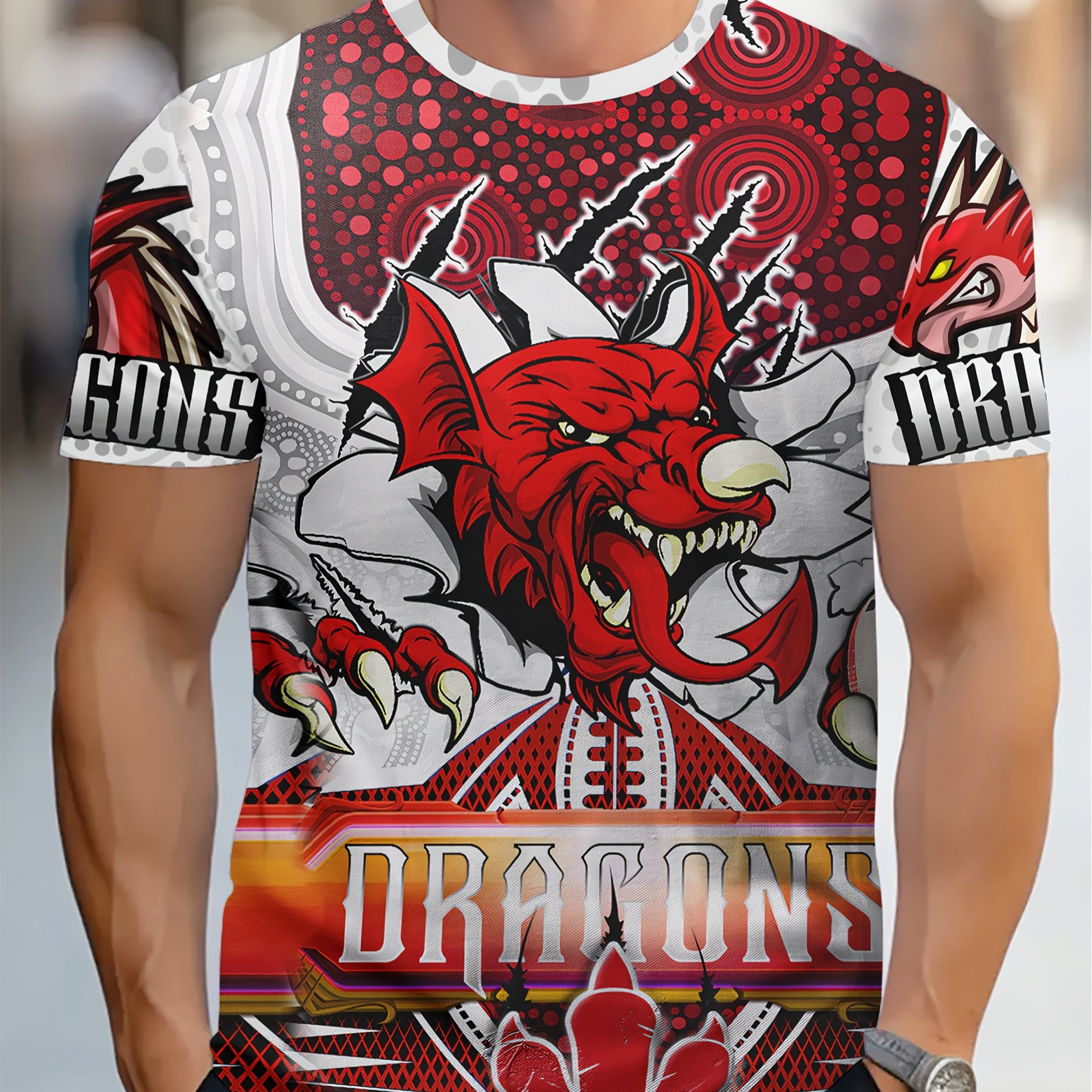 TEMU [printed Design Nottextured] Men's "dragons" Graphic T-shirt - [printed Design-nottextured] Print Design With Dragon & Skulls, Casual Crew Neck,