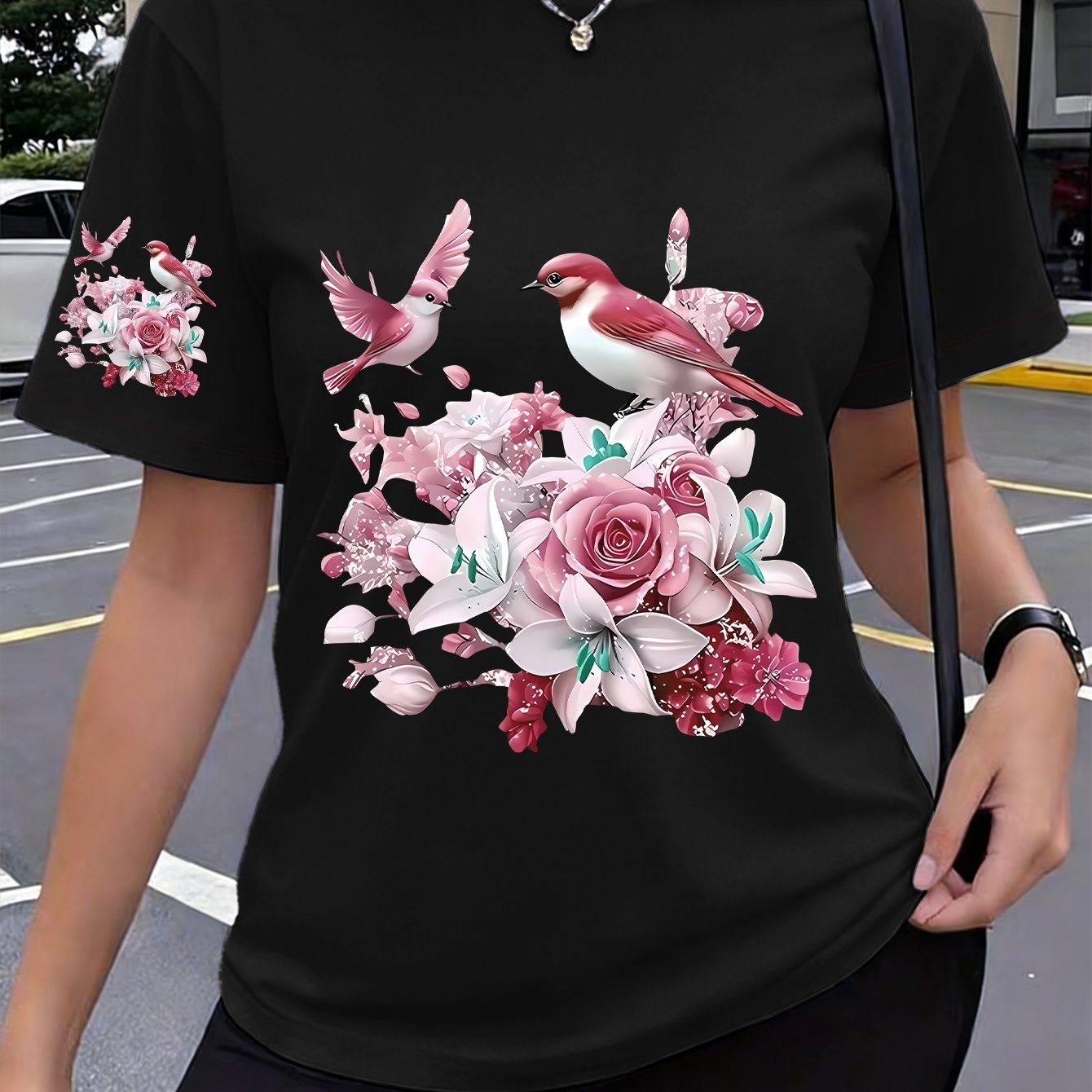 TEMU 1pc Floral And Bird Cluster Romantic Print New Y2k Style Single-sleeve Printed Women's Sportswear Summer Comfortable And Breathable Round Neck