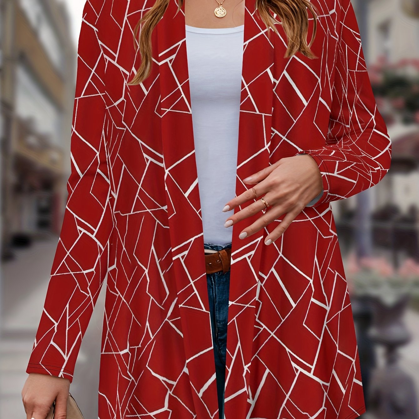 TEMU Plus Size, New Casual Comfortable Red Base White Line Print Pattern Plus Size Women's Jacket