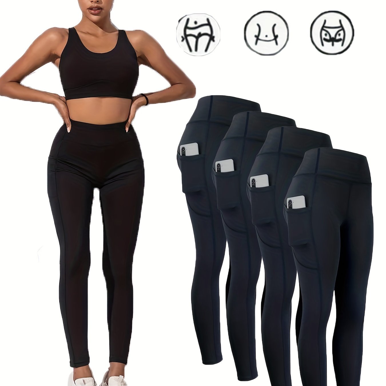 4pcs Leggings With M-shaped Seam Booty Lifting Compression Tights With Side Pocket For Phone, Slim Fit