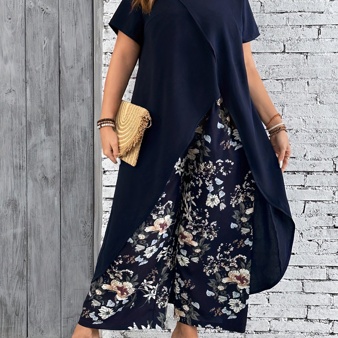 Plus Size - Plus Size - Plus Size Women's Round Neck Cross Short Sleeve Irregular Long Top And Pants Set