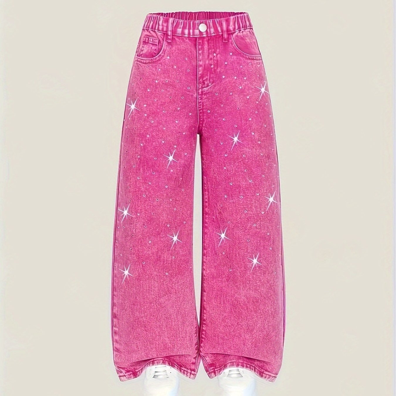 Girls' Pink Sequined Star Denim Feature Sparkling Diamond Embellishments And A Shimmering Starry Sky Pattern All Over The Pants, Making Them Super . The Washed Denim Fabric Is Soft And Skin-friendly