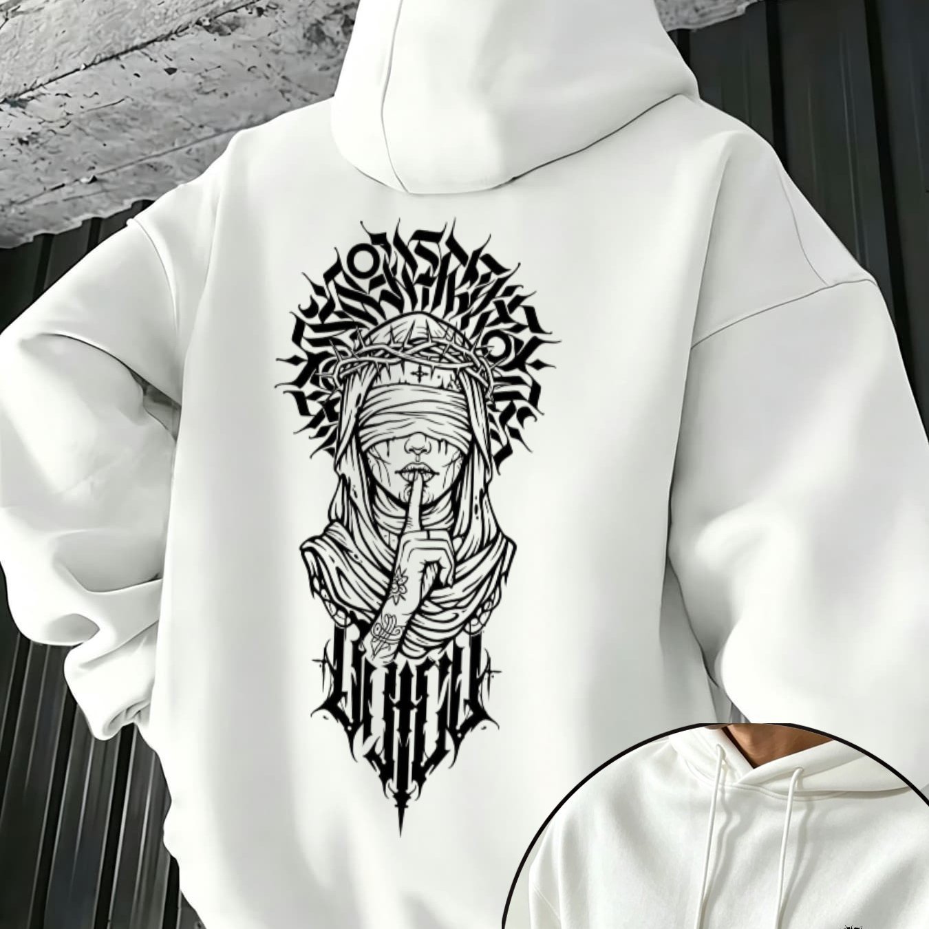 Winter Fleece Hooded Sweatshirt For Men With Gothic Back Print And Chest, Pullover, Street Style Loose Drop Shoulder
