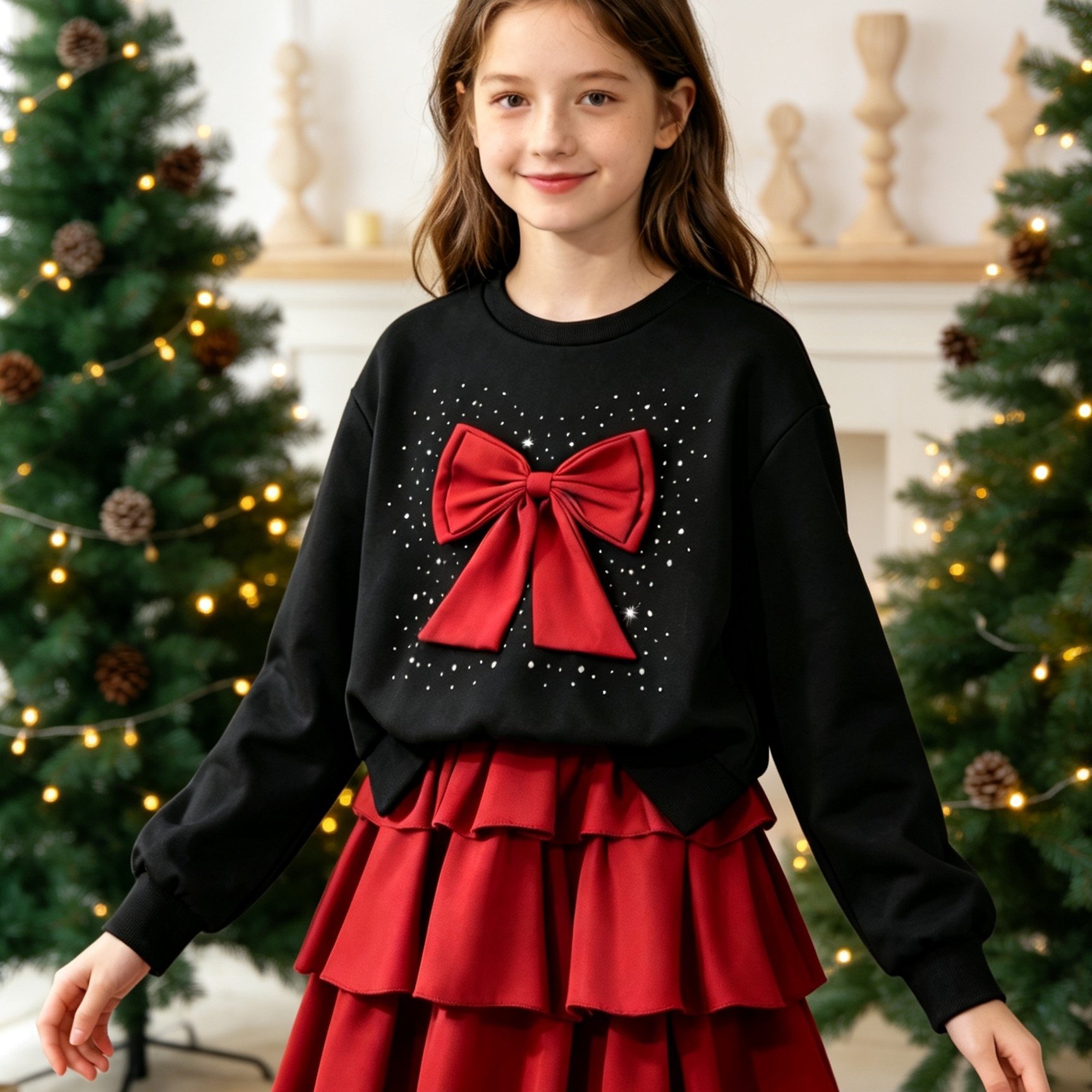Image of Spring/autumn Fashion Girls' Christmas Red Bow Decorated Black Casual Long-sleeve Top With Red Cake Skirt 2pcs Set, Suitable For Holiday, Daily, And Outdoor Activities