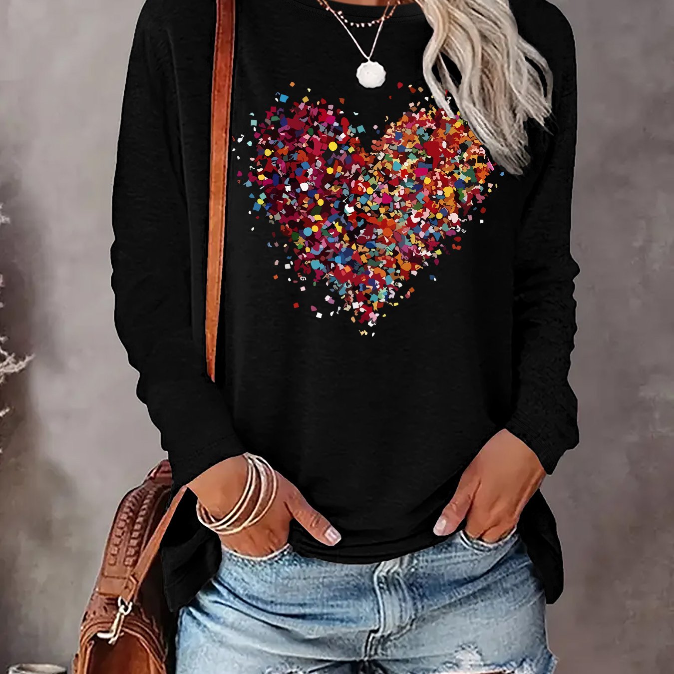 TEMU T-shirt à manches longues pour femmes avec un design imprimé et un col rond, adapté à un usage décontracté en automne et en hiver.