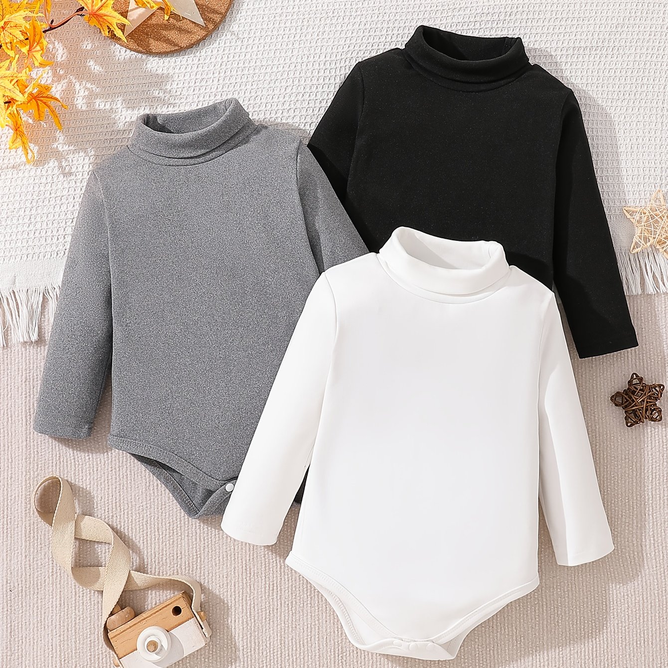 Image of 3pcs Set Bodysuit Autumn Winter Warm Bodysuit Black Bodysuit White Bodysuit Gray Bodysuit Outdoor Turtleneck Bodysuit Solid Color Bodysuit Autumn Winter Long Sleeve Bodysuit Cute Bodysuit, For Outdoor