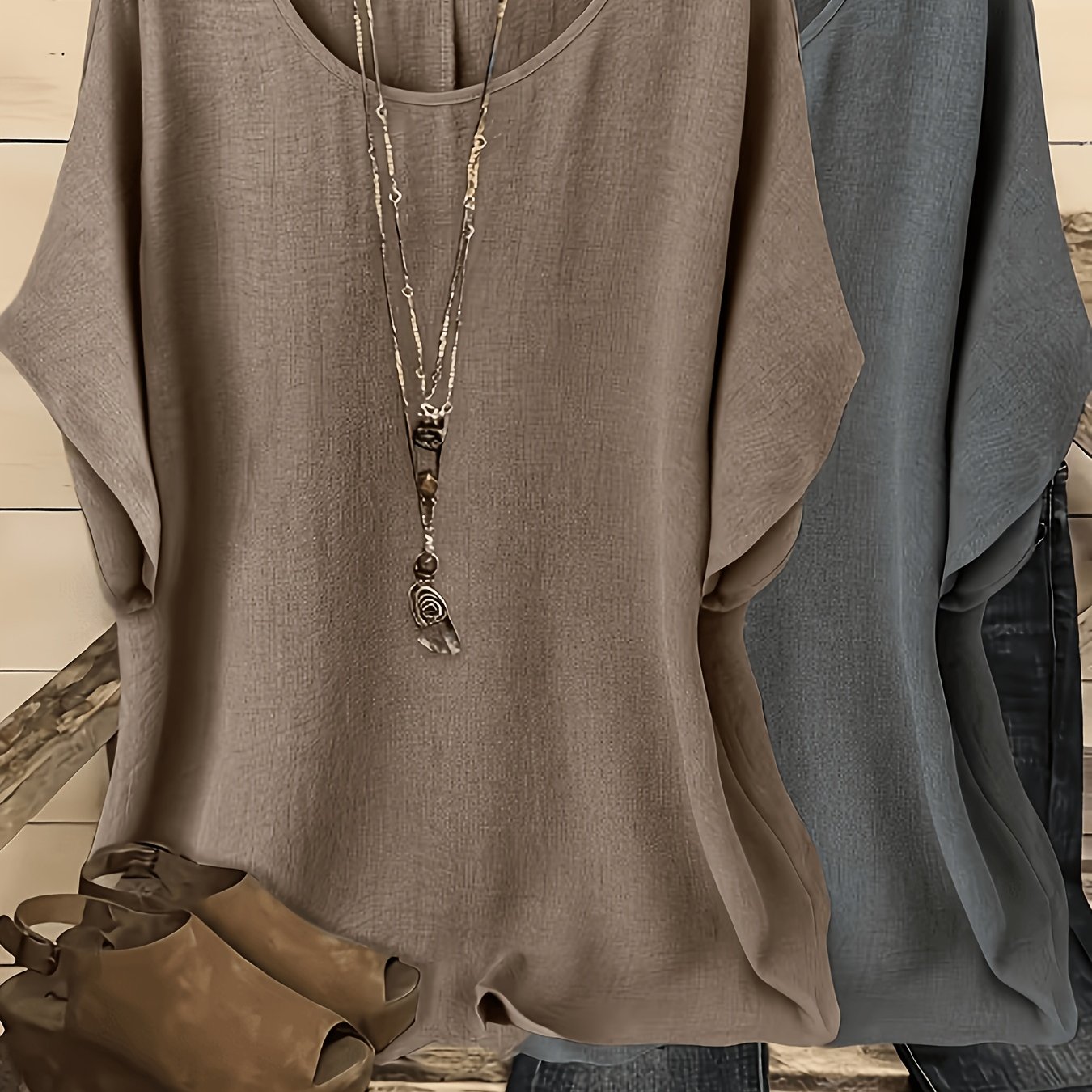 TEMU [women's Batwing Shirt] 2pcs, Women's Casual Vacation Solid Color Round Neck Batwing Sleeve Shirt - No Additions Included