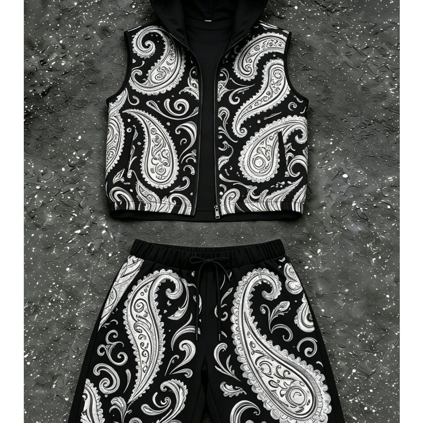 Image of Men's Casual Suit Men's Hooded Fashion Casual Trendy Paisley Pattern Sleeveless Hoodie Shorts Set Adult Men' Style Casual Wear