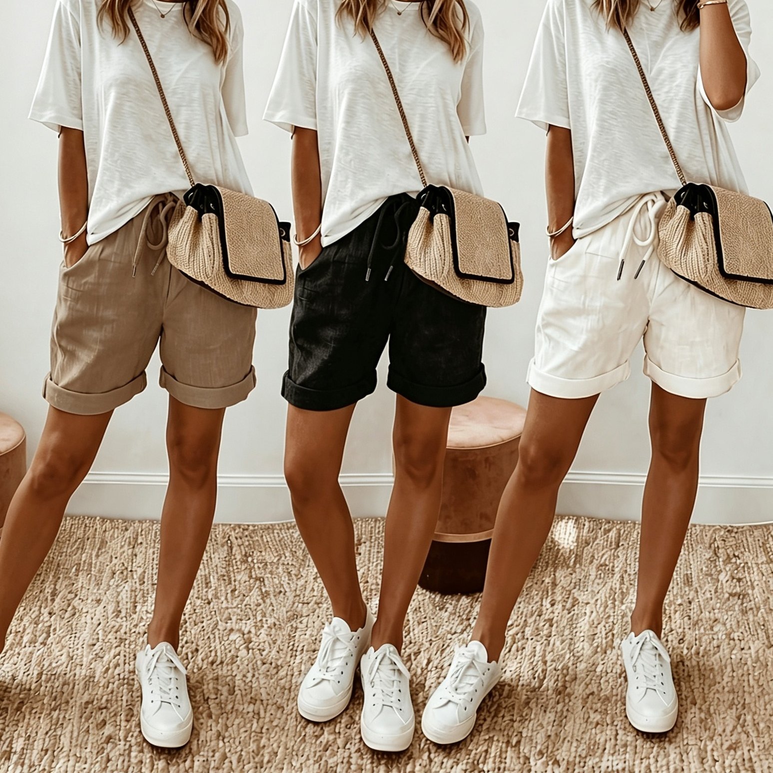 TEMU 3pcs New Summer Style Roll-up Hem Shorts For Women, Casual Knee-length Pants With Elastic Drawstring High Waist And Rolled Hem Wide-leg Capris,