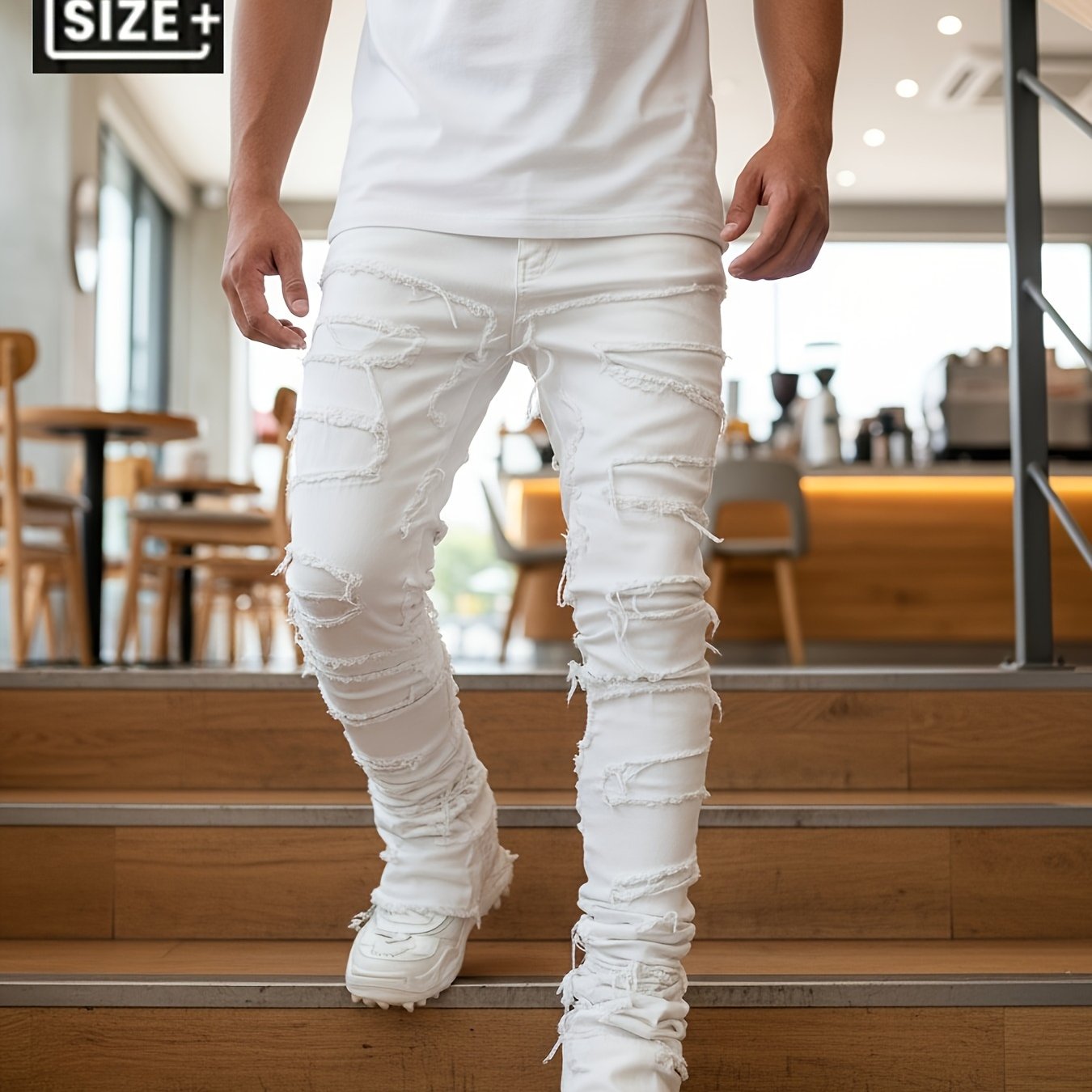 TEMU [hme] 003 Plus-size Men's Jeans- Fall/winter Hit With -edge Details, Mid-rise Stretch Slim Flared Fit. Classic White, Versatile& Trendy. Stretch