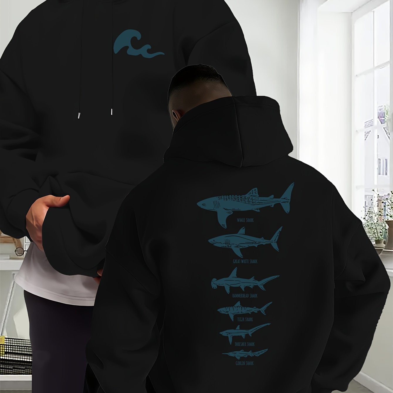 TEMU Men's Autumn And Winter Hoodie Featuring Marine Animal Designs, Casual Drawstring Sweatshirt With , Front Kangaroo Pocket, Unisex Top