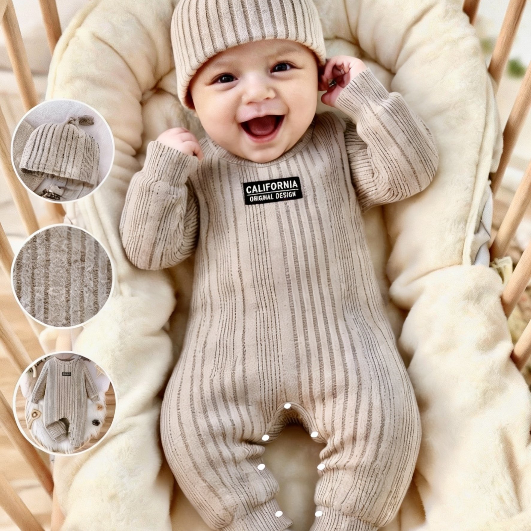Image of A Baby Boy's Ribbed Knit Casual Long-sleeve Onesie With A Round Neck And Shoulder Opening Design, With A Cute Hat, Perfect For Wearing In Autumn And Winter, For Outdoor