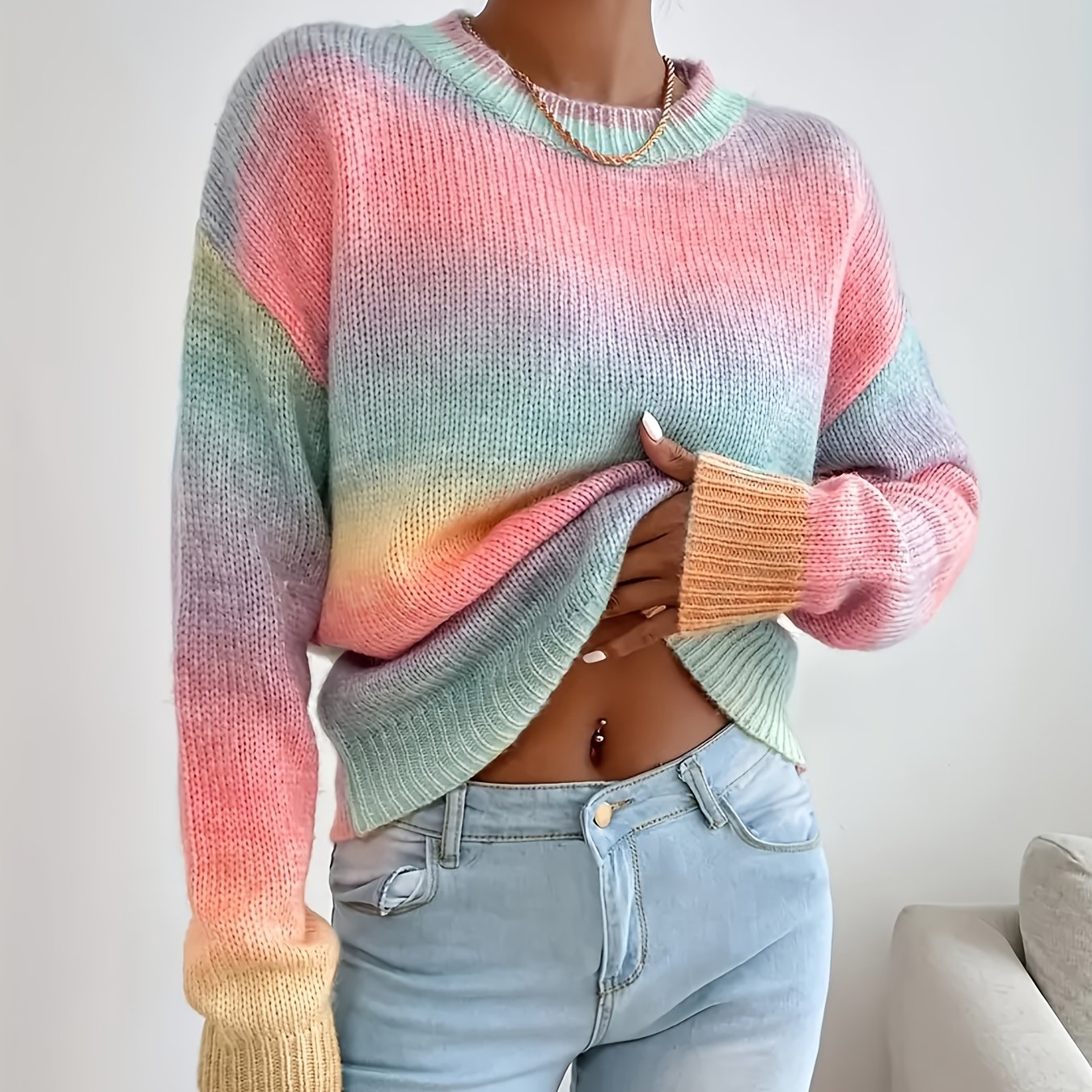 Women's Spring New Arrival Gradient Color Round Neck Pullover Sweater, Loose Fit Long Sleeve Top For Music Festivals