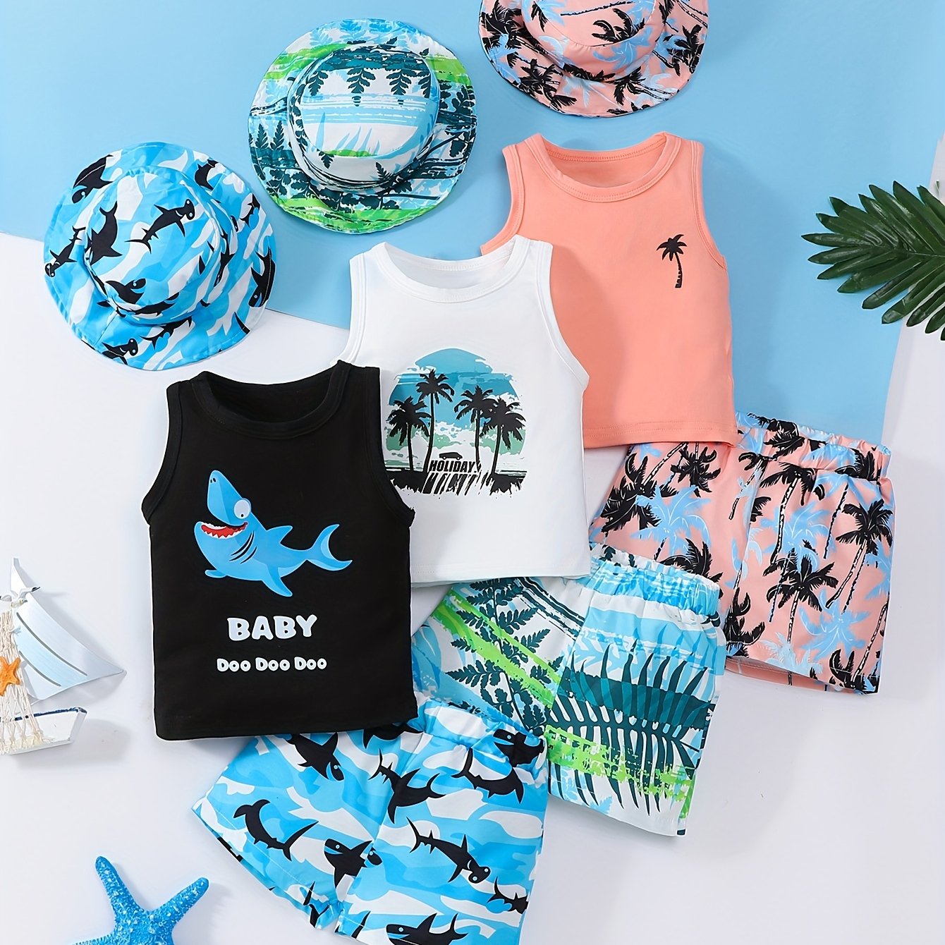 Image of 9pcs Boys' Summer New Style Shark And Coconut Tree Heat-transfer Print Sleeveless Tank Top + Beach Print Element Shorts + Hat Fashion Casual Set, Perfect For Outdoor
