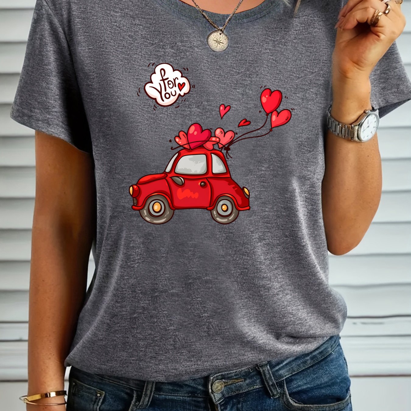 TEMU Valentine's Heart Car Print Short Sleeve T-shirt Women Casual Top