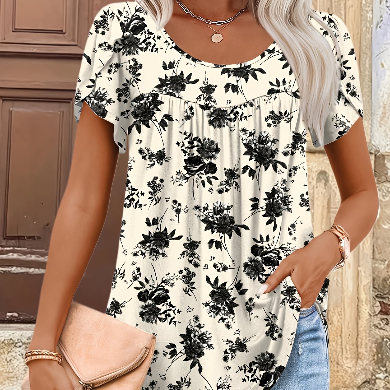 E-shop Plus Size - Plus Size - Plus Size Damen Blumenmuster Taillenformendes Rundhals Kurzarm T-Shirt