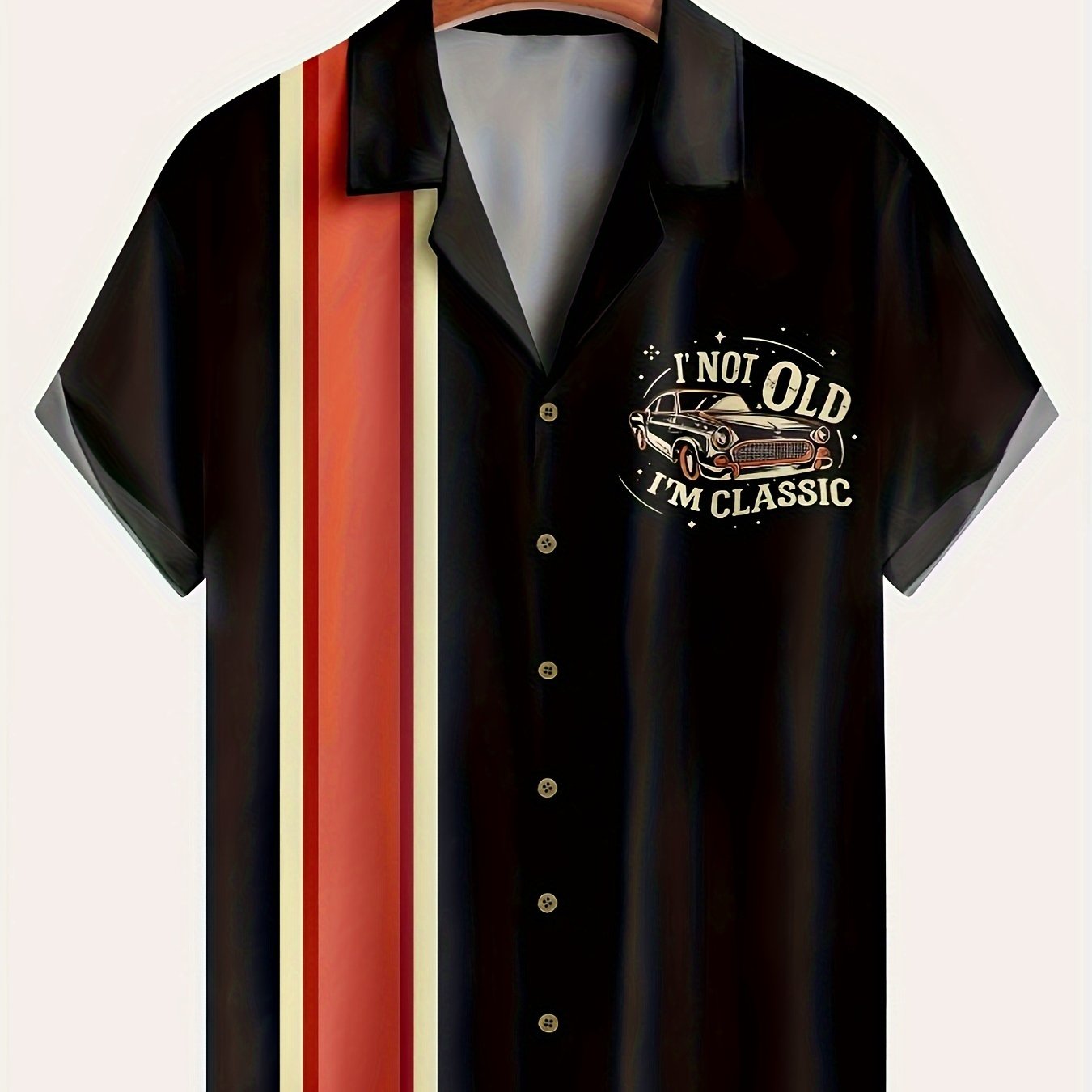 Men's Retro " Old, I'" Short Sleeve Button-up Shirt With Vintage Car Graphic, 3d , Black Polyester Fabric, Casual Summer Wear