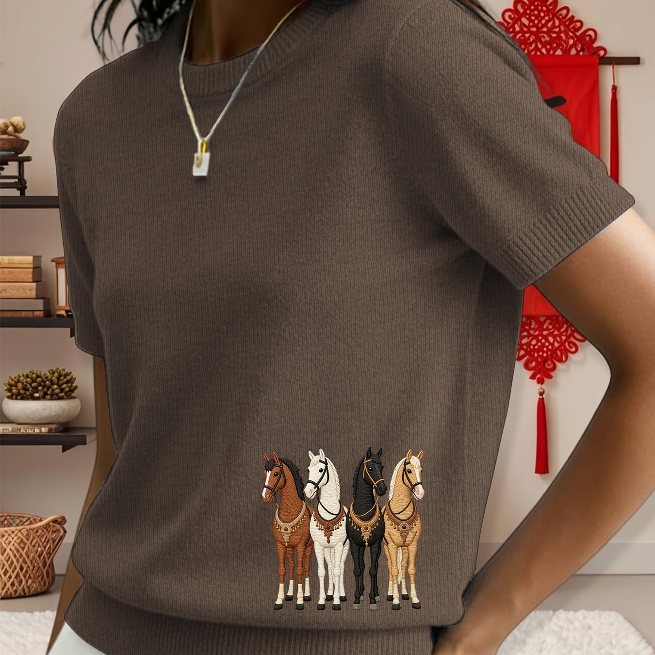 TEMU Women's Vintage Home Pullover Neck Short Sleeve Soft Comfortable Year Of The Horse Gift Women's Chinese New Year Best Printed Design â Not