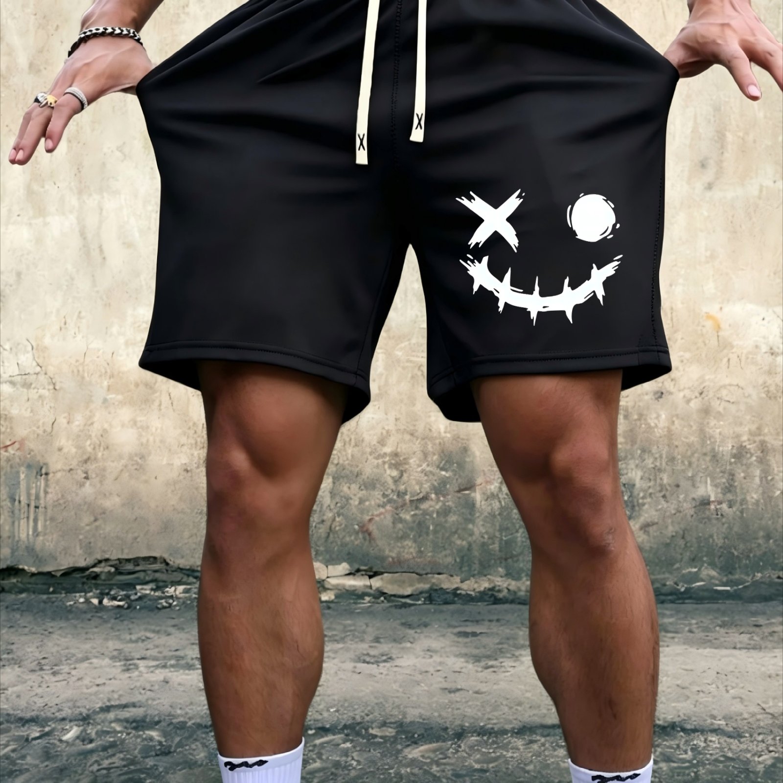 TEMU Men's Casual Shorts With Abstract Letter Print - Quick-dry Breathable Fabric, Elastic Drawstring Waist, Mid-rise Regular Fit For Summer Jogging,