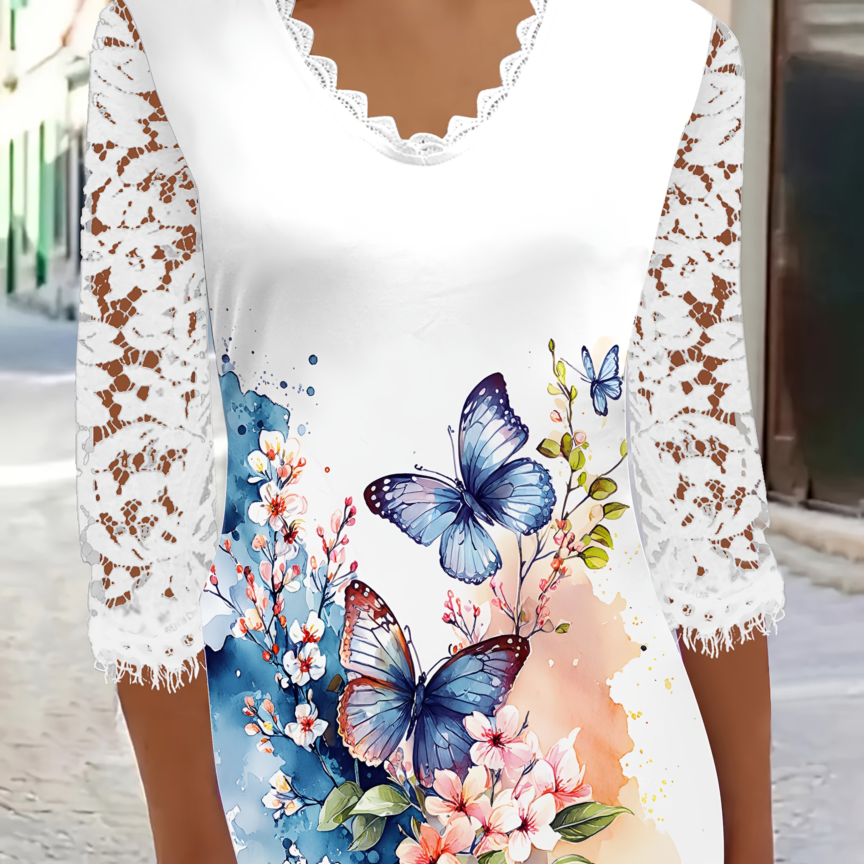 Image of Elegant Women's Lace T-shirt, Women's Elegant Colorful Print Top