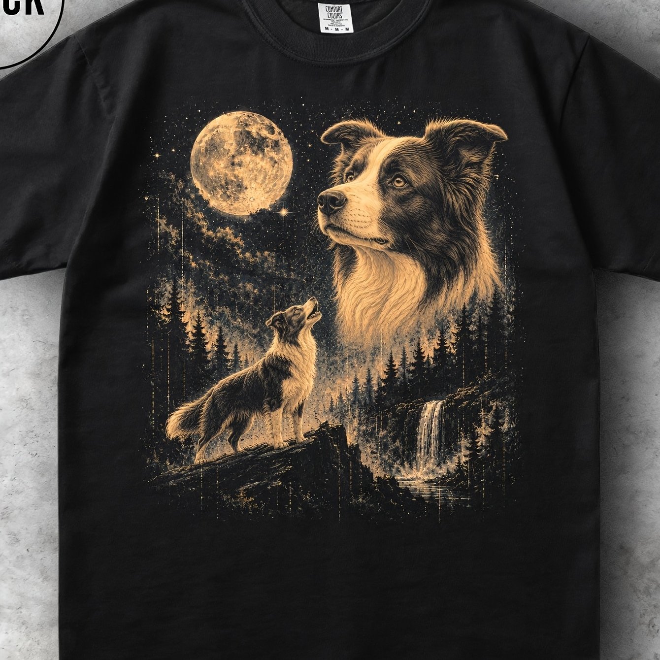 Image of Border Collie Moon Herding Canine Breed Portrait Vintage 90s Retro Celestial Men's T-shirt Round Neck 180g Top