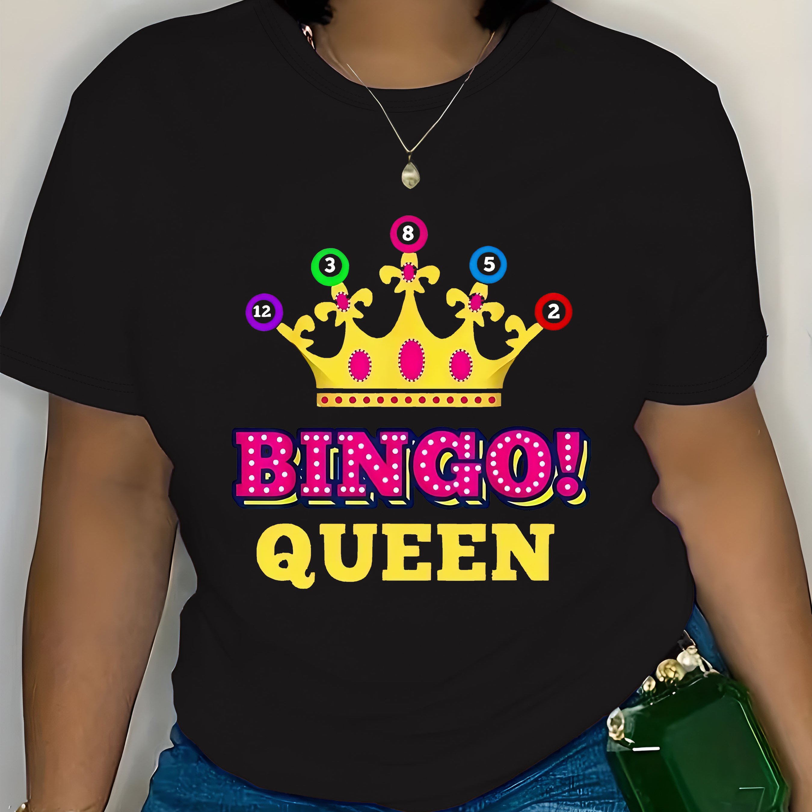 TEMU Women's Plus Size Bingo Queen T-shirt, Casual Crew Neck, Short Sleeve, Polyester Knit, Geometric Print, Spring/summer Top