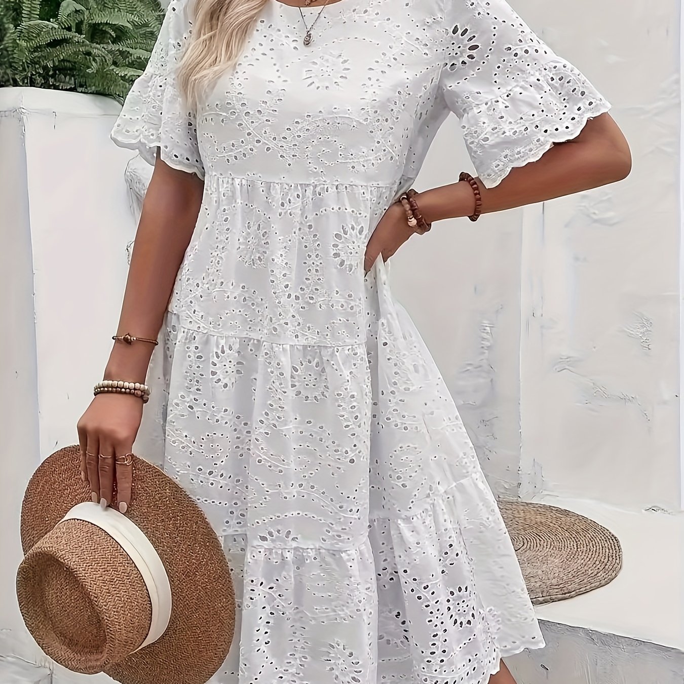 TEMU Plus Size - Spring Summer Western Fashion Solid Color Fabric Embroidered Lace Hollow Out Dress